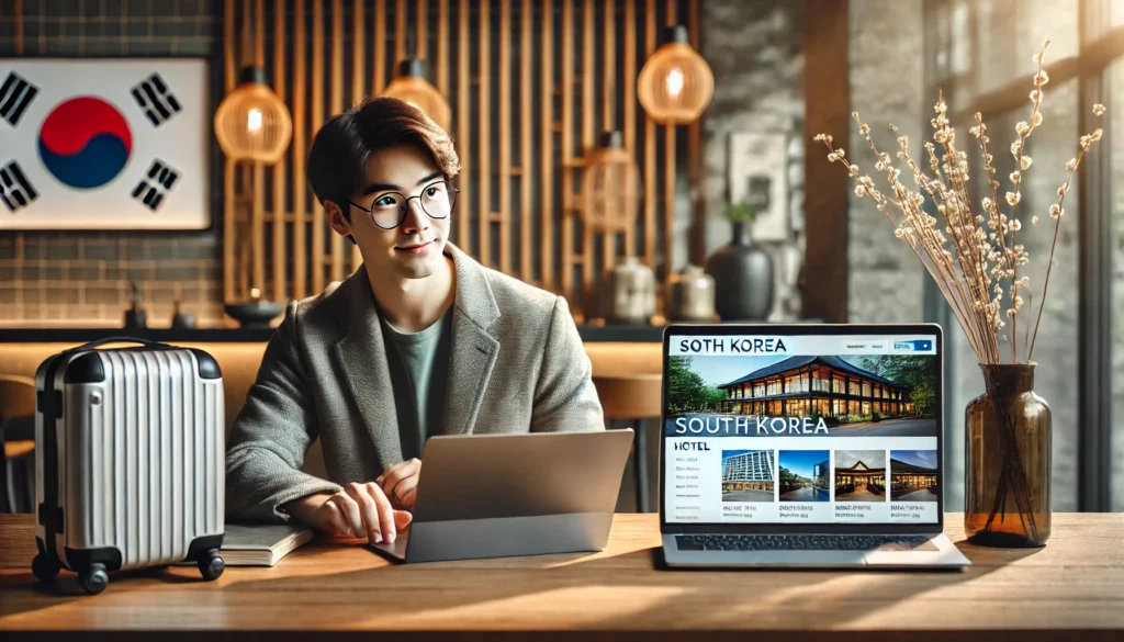 韓国のホテルの予約をする青年のイメージ画像