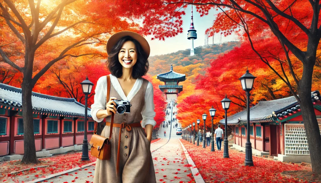 韓国に紅葉を見に来た女性